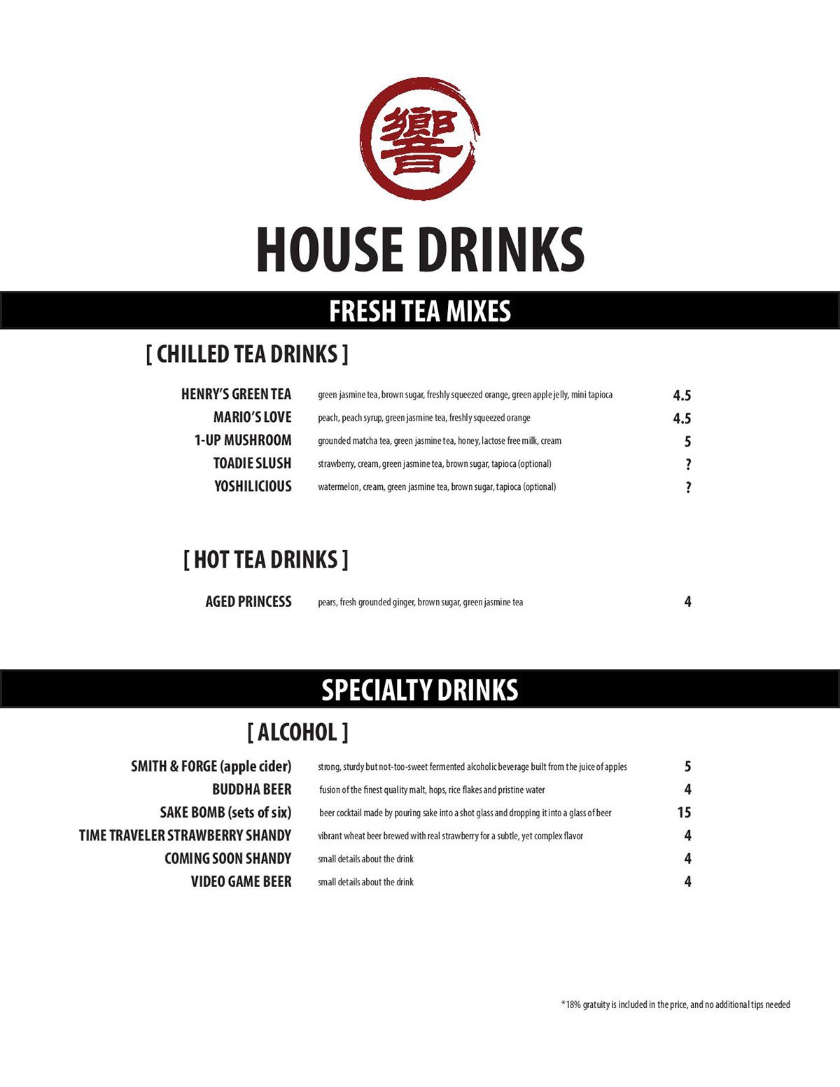 House drinks menu design